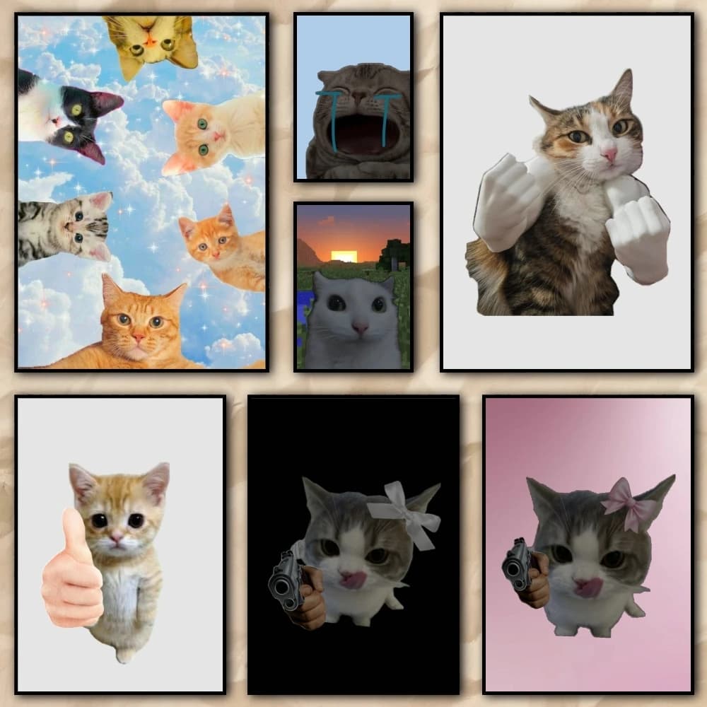Funny Cute cat Painting Calligraphy High quality Canvas Wall Art For Office Restaurant Home Decoration Set