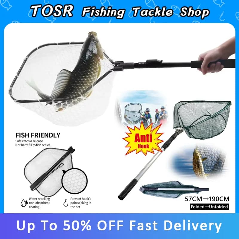 TOSR 55 cm-190 cm Rete da pesca telescopica per salmone Fly Carpa Pesce gatto Trota Guadino galleggiante Facile da catturare e rilasciare Pieghevole