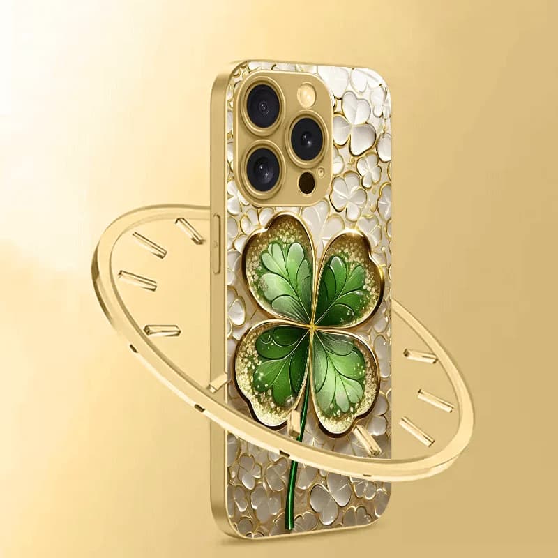 Golden and Green Color-Block Four-Leaf Clover Pattern Metallic Paint Glass Phone Case for iPhone 16/16 Plus/16 Pro/16 Pro Max