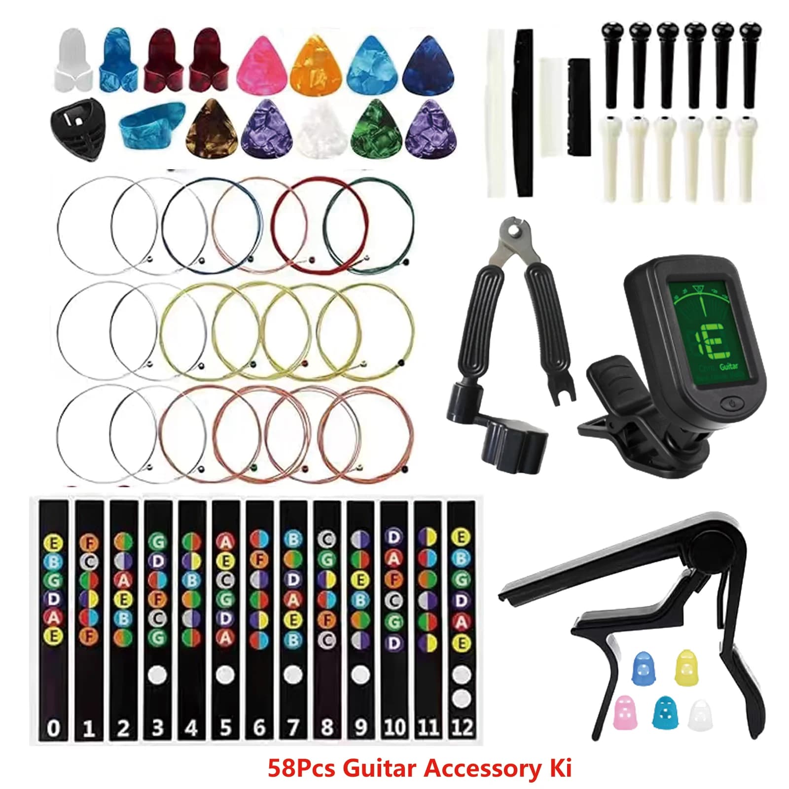 Set di accessori per chitarra 58 in 1: accordatore, capotasto, taglierina per corde, corde varie, plettri colorati e altri must per i chitarristi
