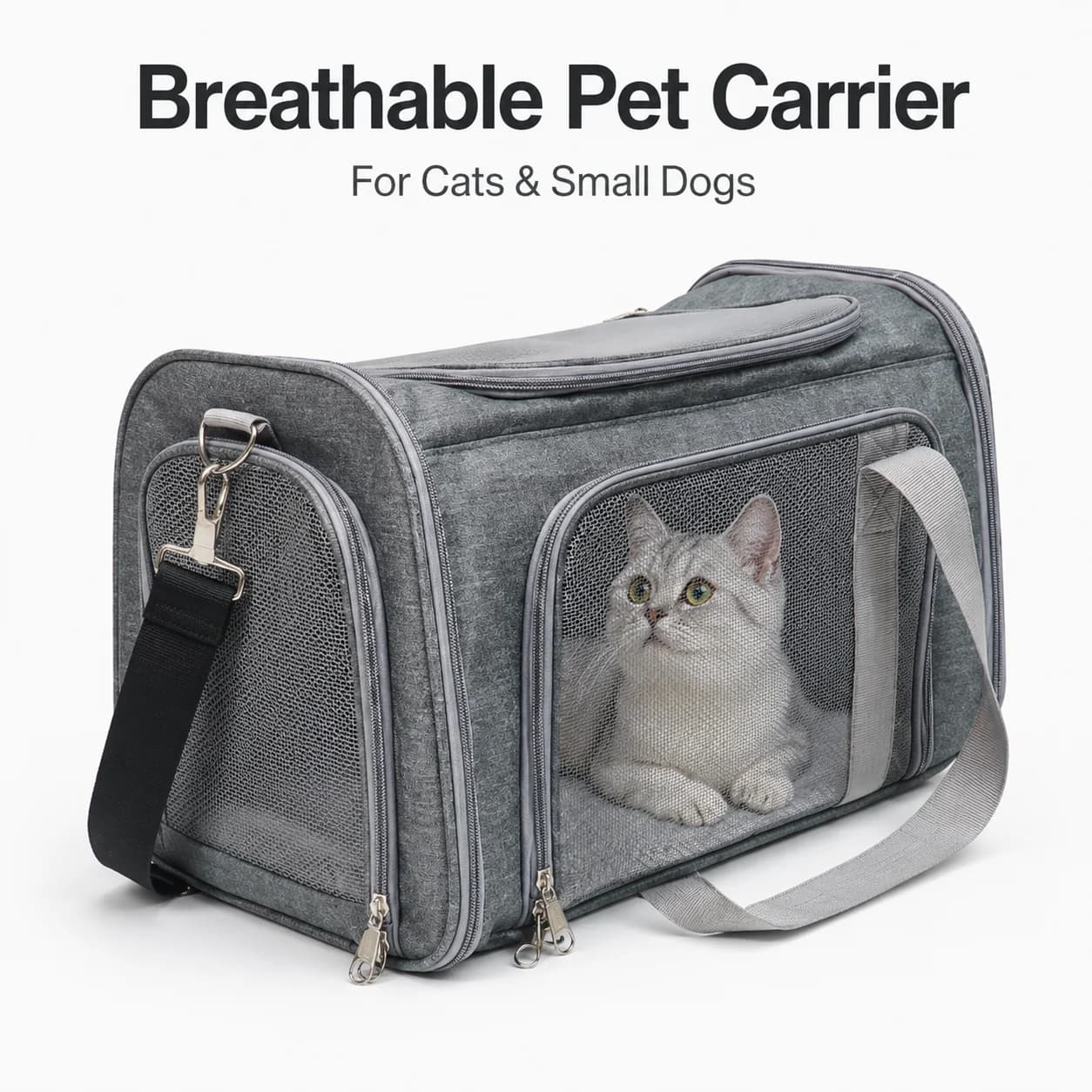 Soft-Sided Cat Carrier for Vet Visits and Car Travel, Breathable Pet Bag with Multiple Openings, Reinforced Base, Luggage Strap