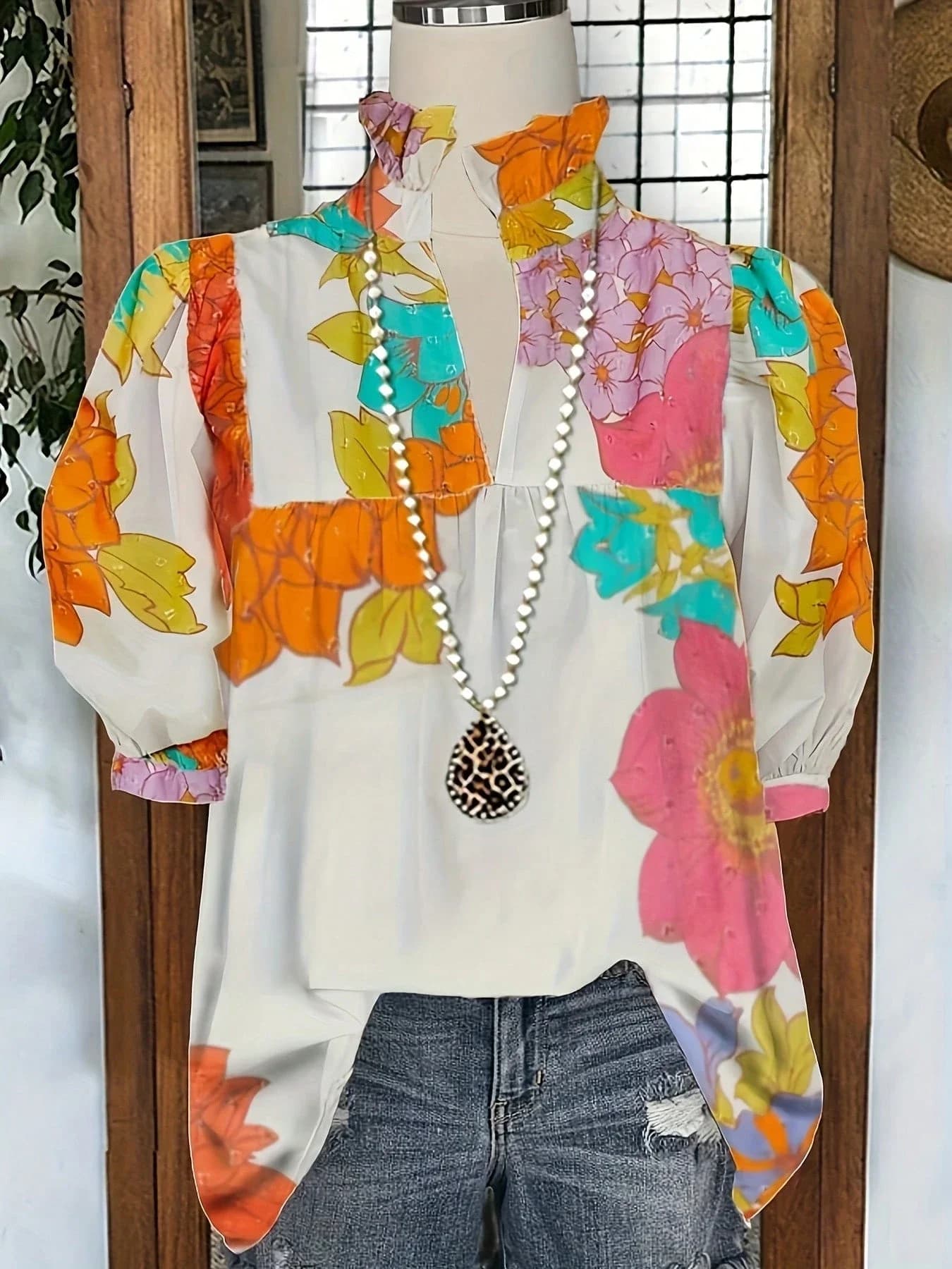 Women's Casual Floral Print Pleated Collar V-Neck Short Sleeve Blouse