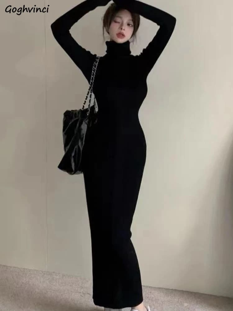 Dolcevita Abiti neri Donna Solid Skinny Abbigliamento donna Autunno Lunghezza caviglia Aderente Manica lunga Sexy Calda moda Tromba