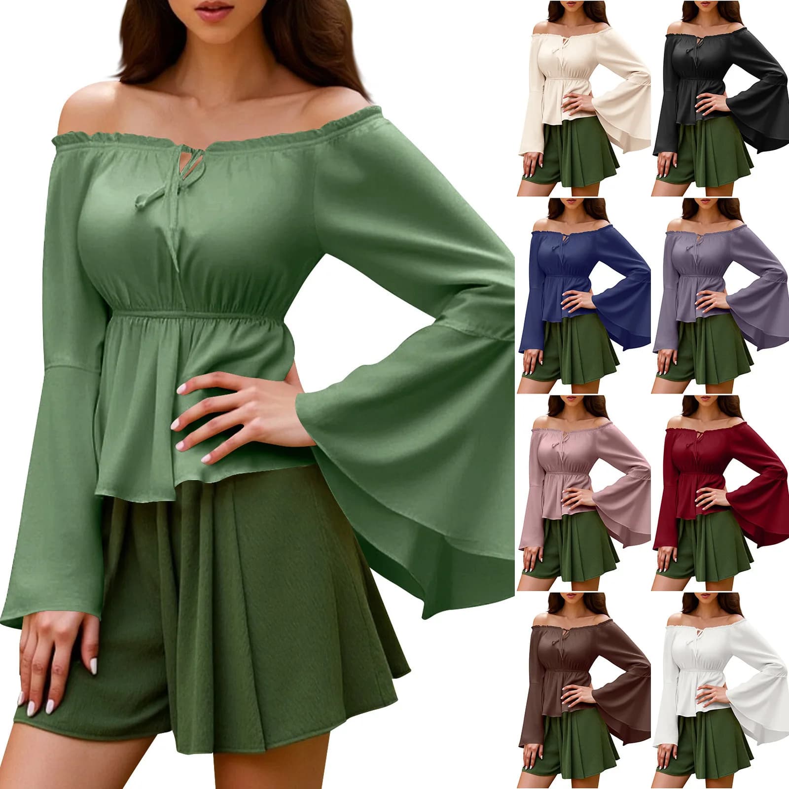 Camicetta da donna gotica rinascimentale maniche svasate volant spalle scoperte top medievale vittoriano costume cosplay camicia da pirata