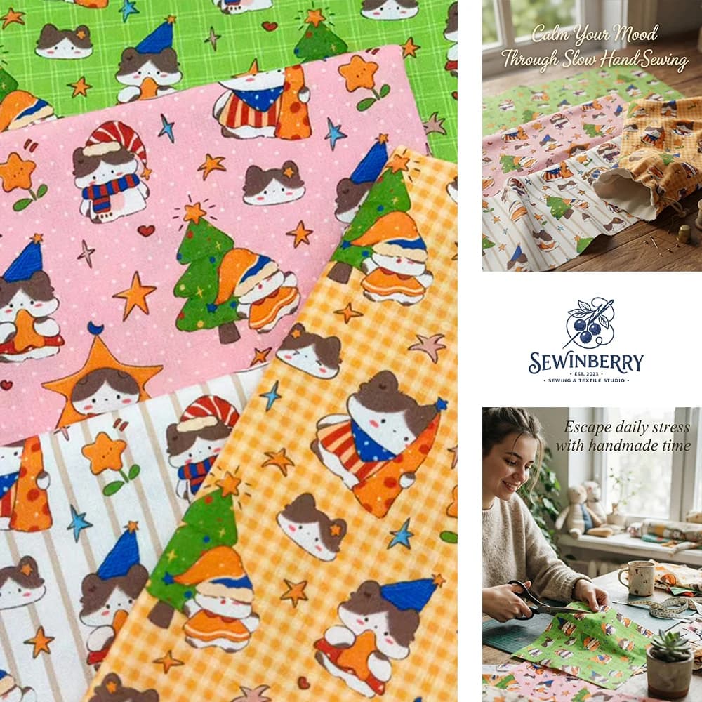 Cartoon Christmas Cat Fabric Multi Color Grid Stripe Print Stress Relief DIY Sewing Material For Kids Dress Pillow Holiday
