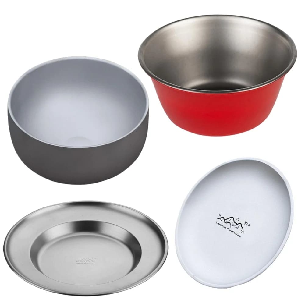 Set di Stoviglie da Campeggio in Titanio, Leggero e Portatile, Ciotola e Piatto Antiscivolo per Bistecca, Frutta, Pizza, per Casa, Campeggio e Picnic