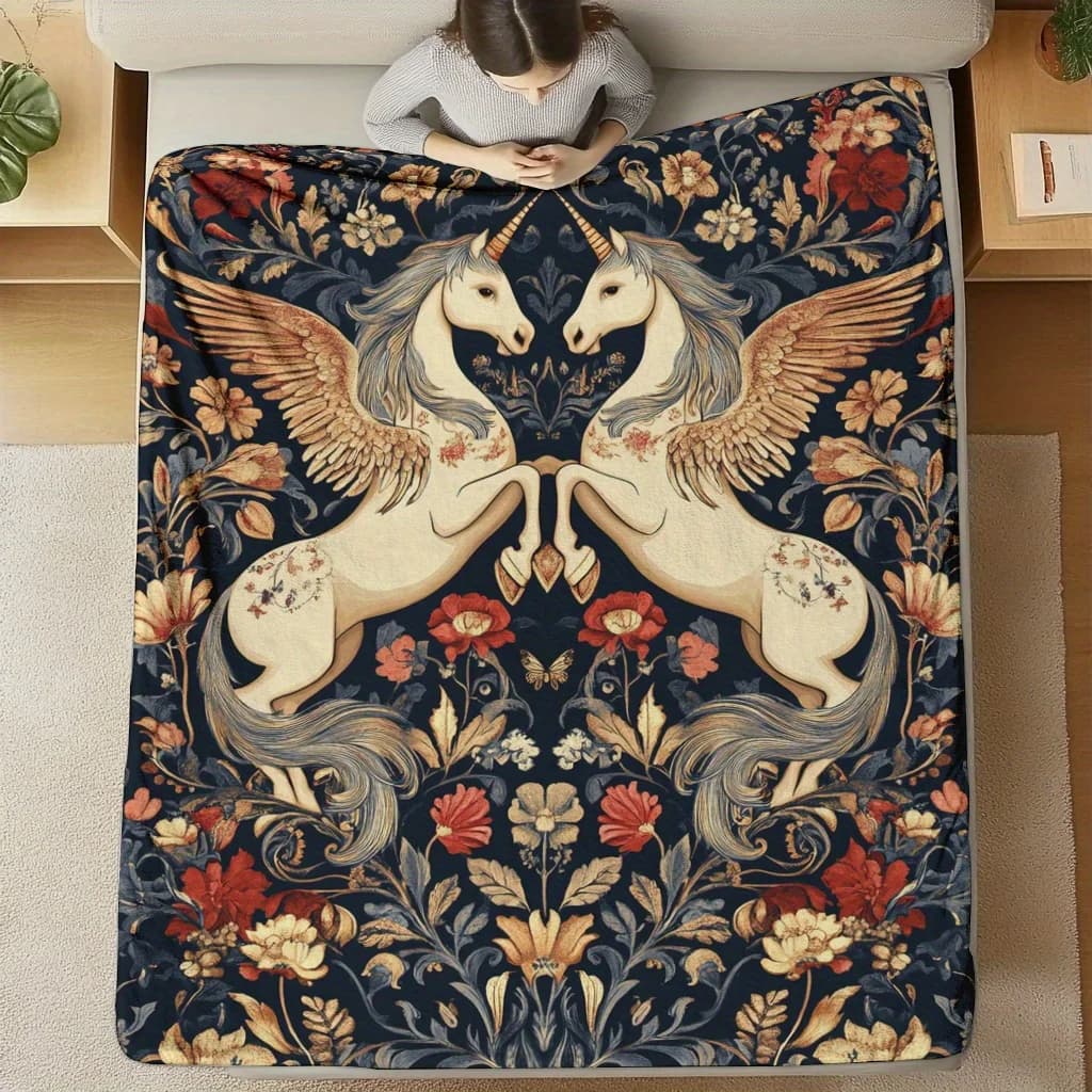 Unicorn and floral patterns Flannel printed blanket suitable for all seasons suitable for living room office sofa and travel