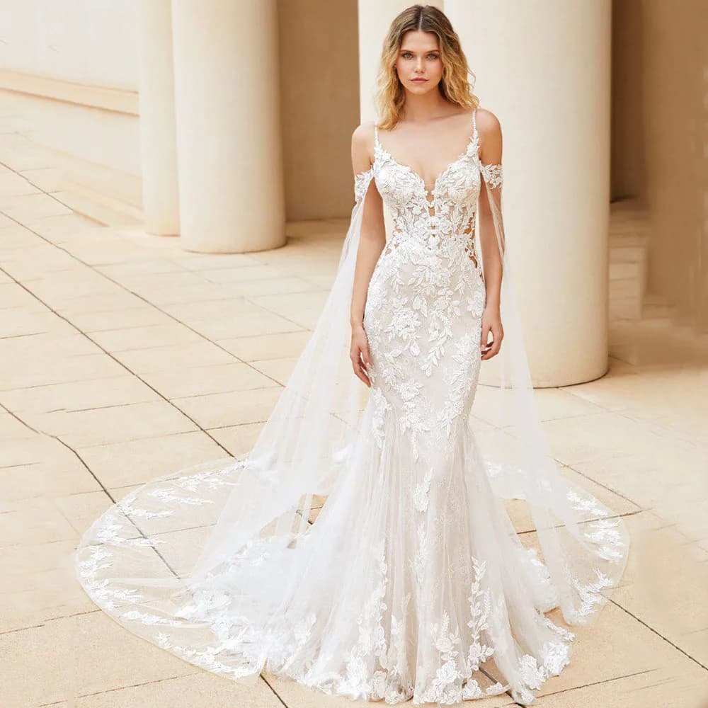 Elegante abito da sposa a sirena in tulle con applicazioni di pizzo scollo a V cinturino per spaghetti senza schienale sposa abiti da sposa illusione personalizzata