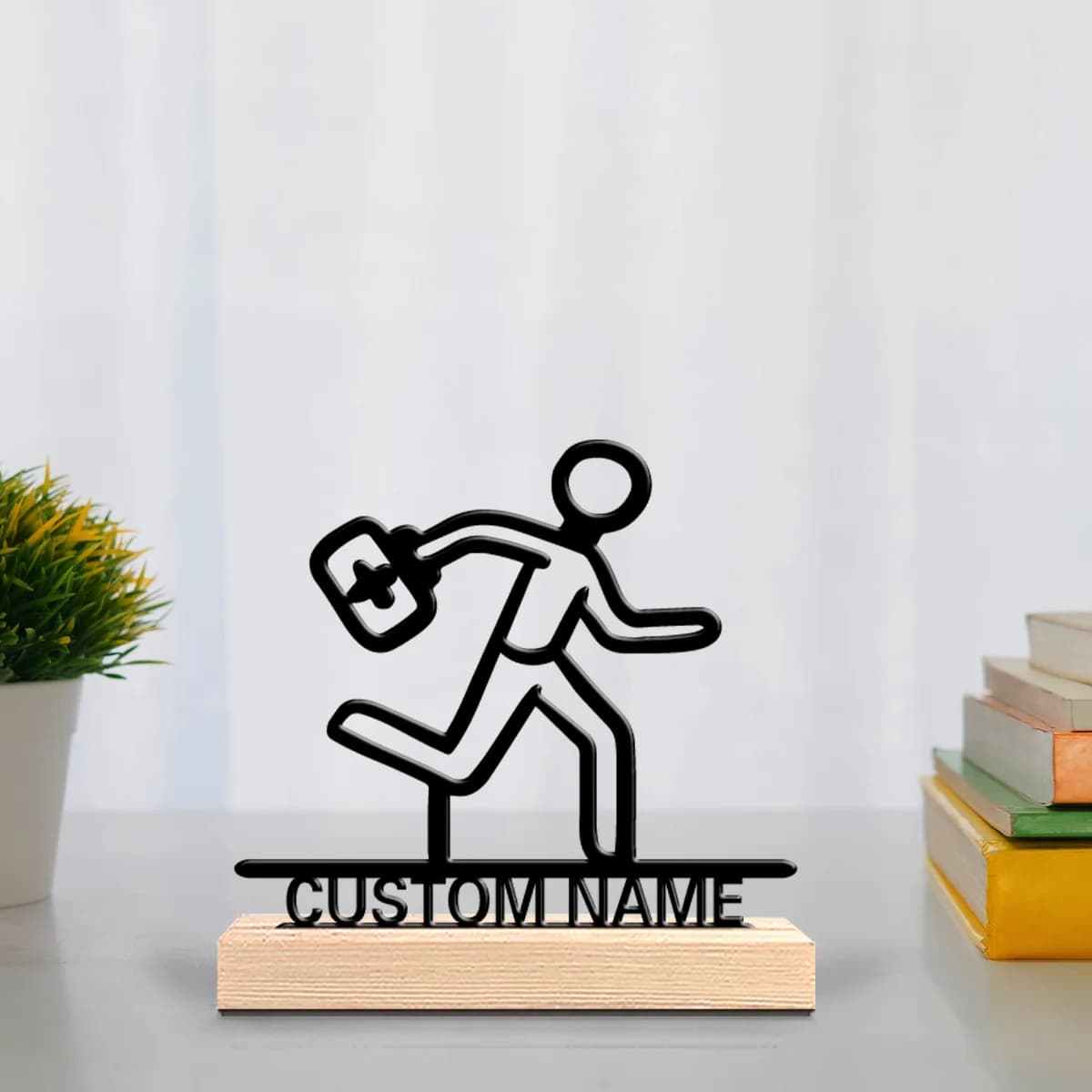 1pc Stickman first aid kit Personalized Text Metal Statue Crafts With Wood Base Iron Statue With Wood Base Bedroom Table