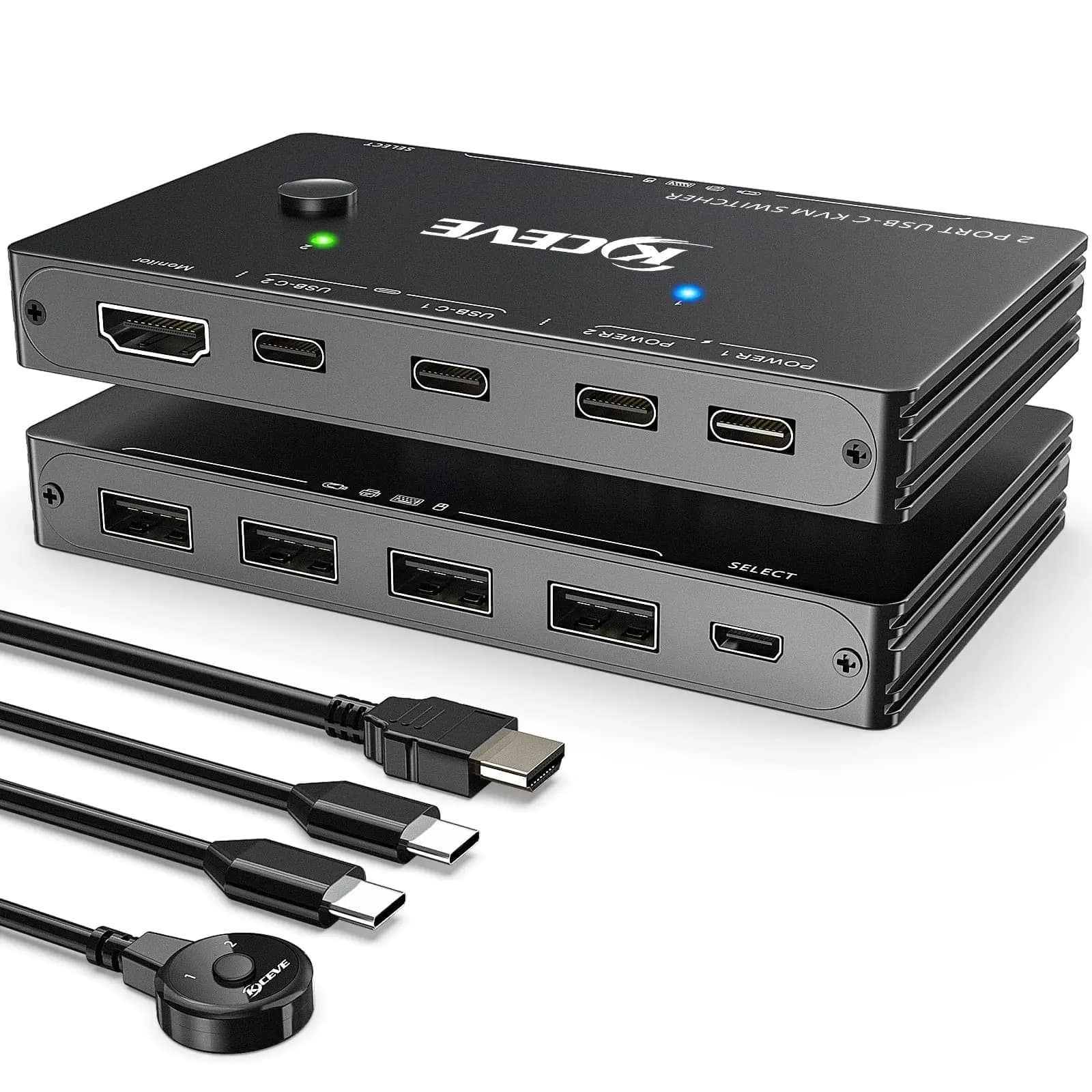 USB-C KVM switcher, 2-door KVM switcher, 60 Hz 4K support for 2 computers with mouse keyboard and 1/2/3 monitor
