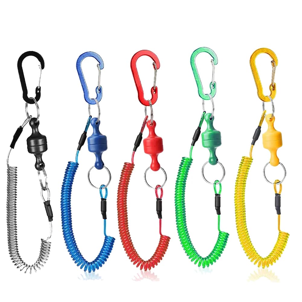 Fibbia a gancio per cordino da bobina da pesca da 1,5 m per la pesca a mosca Forte clip a sgancio magnetico Porta rete con strumenti da pesca Cordino a spirale