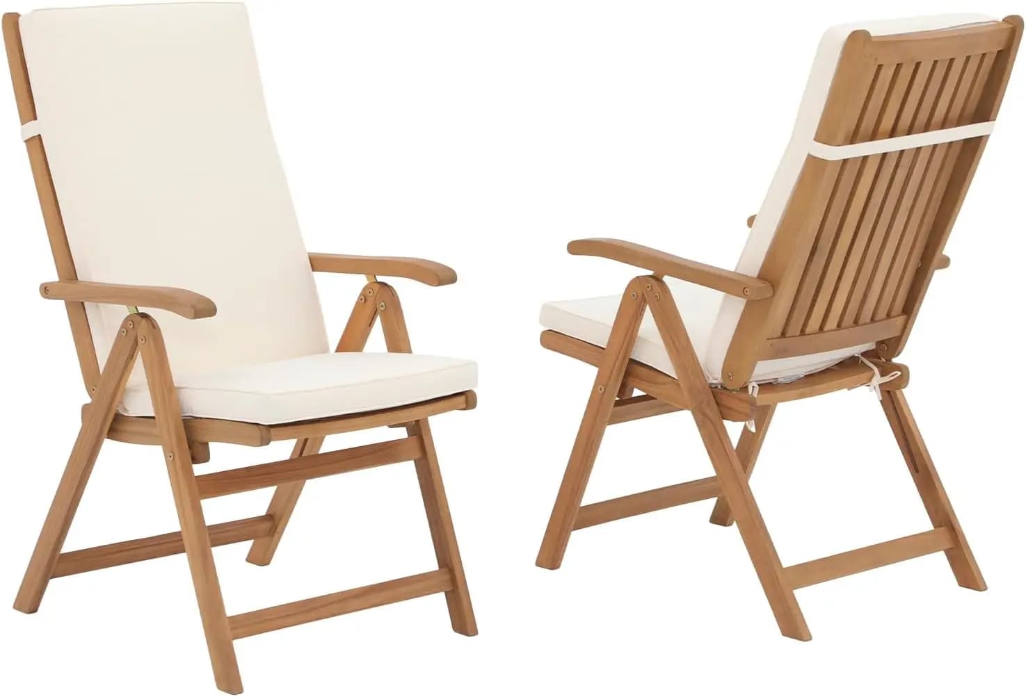 Set di 2 sedie da pranzo pieghevoli da patio, sedia reclinabile da esterno in legno di acacia con braccioli e cuscino rimovibile, legno massello, per veranda