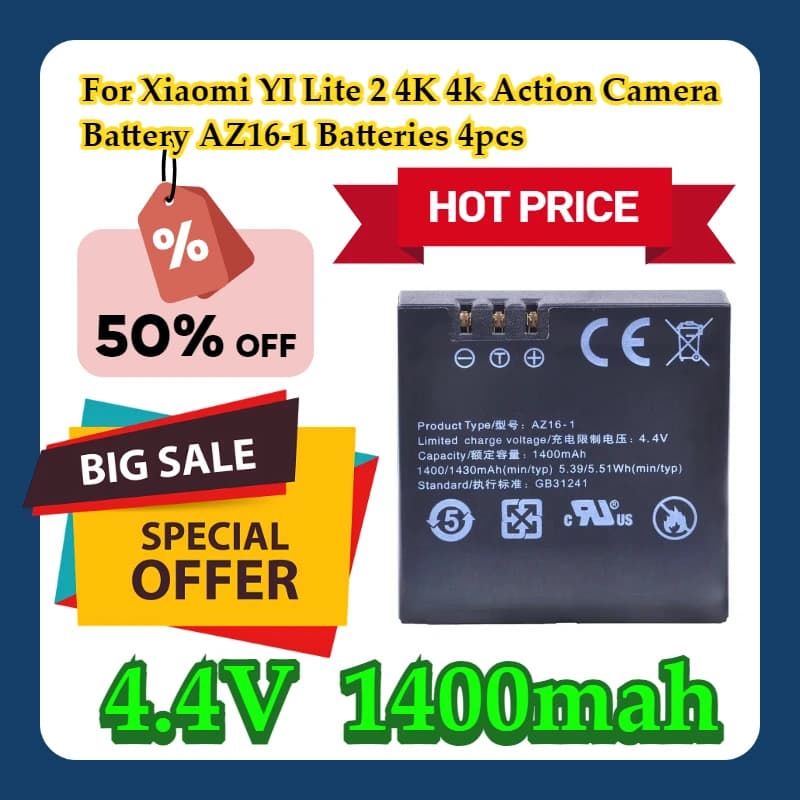 For Xiaomi YI Lite 2 4K 4k Action Camera Battery 4.4V AZ16-1 Batteries 4 pieces