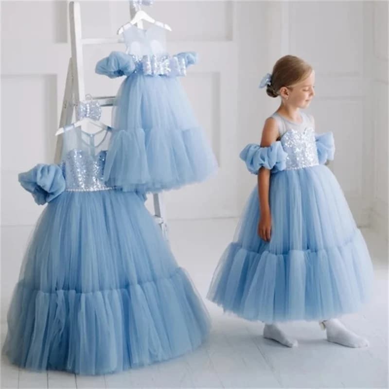 Abito da ragazza di fiore in tulle di pizzo con paillettes da principessa per bambini, abito da prima comunione per bambini, abito da ballo, abito da festa di nozze, compleanno