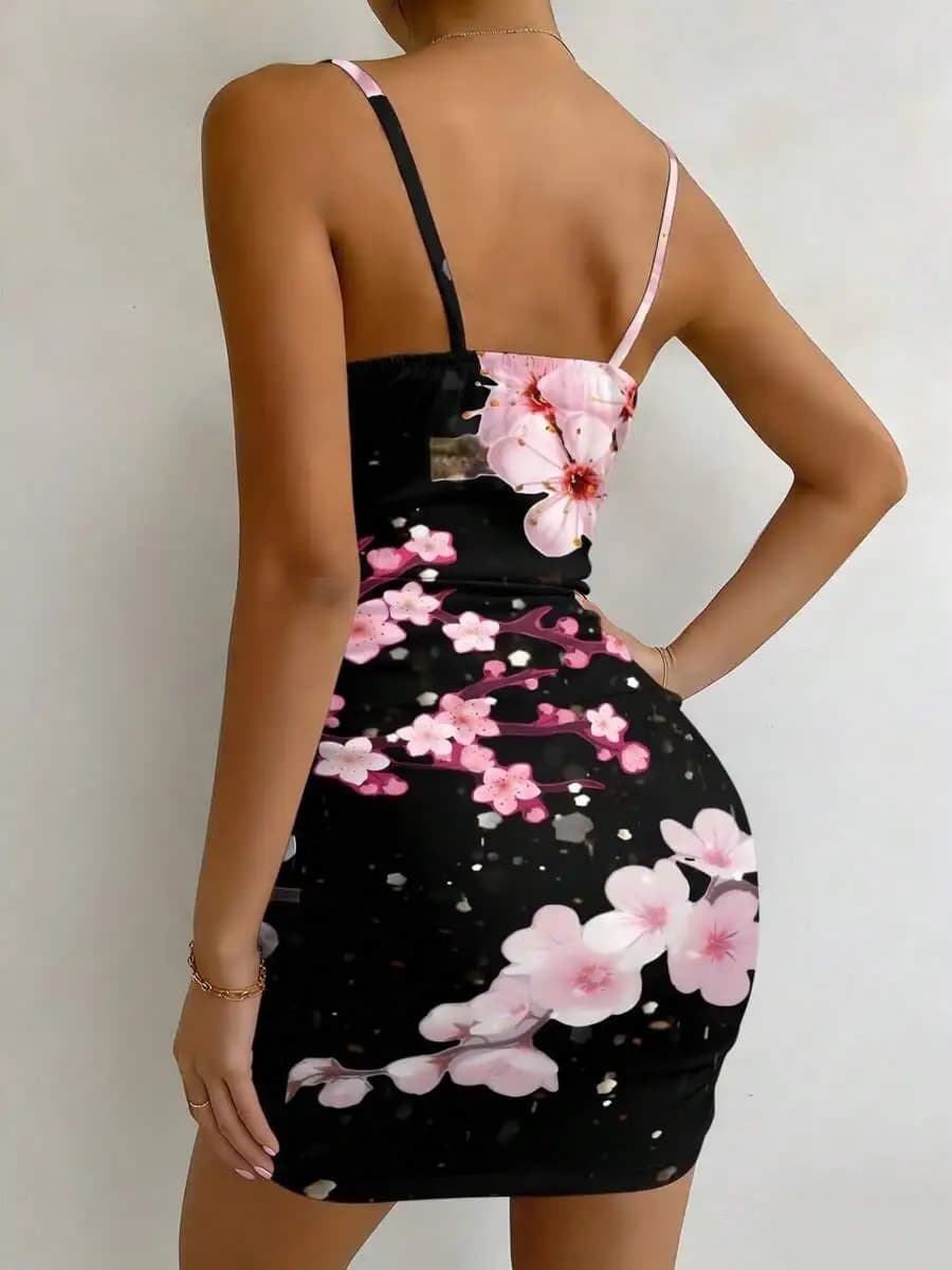 Mini abito in maglia con stampa di fiori di ciliegio nero e rosa per le vacanze estive da donna