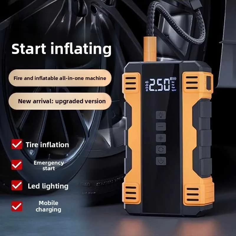 Pompa d'Aria per Moto 2026, Avviatore d'Emergenza per Auto, Illuminazione Esterna, Ricarica USB, Gonfiatore Portatile per Pneumatici