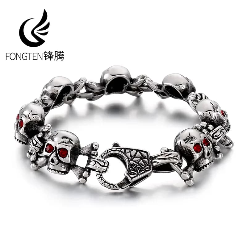 Braccialetto teschio Fongten 23cm per uomo bracciale rigido con ciondolo a catena con strass rosso in acciaio inossidabile gioielli gotici Color argento