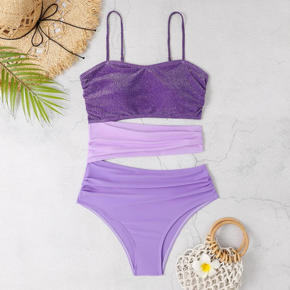 Bikini viola Set fasciatura pieghettata scava fuori costume da bagno fionda Y2K Tinsel bikini vacanza costumi da bagno spiaggia outfit costume da bagno donna