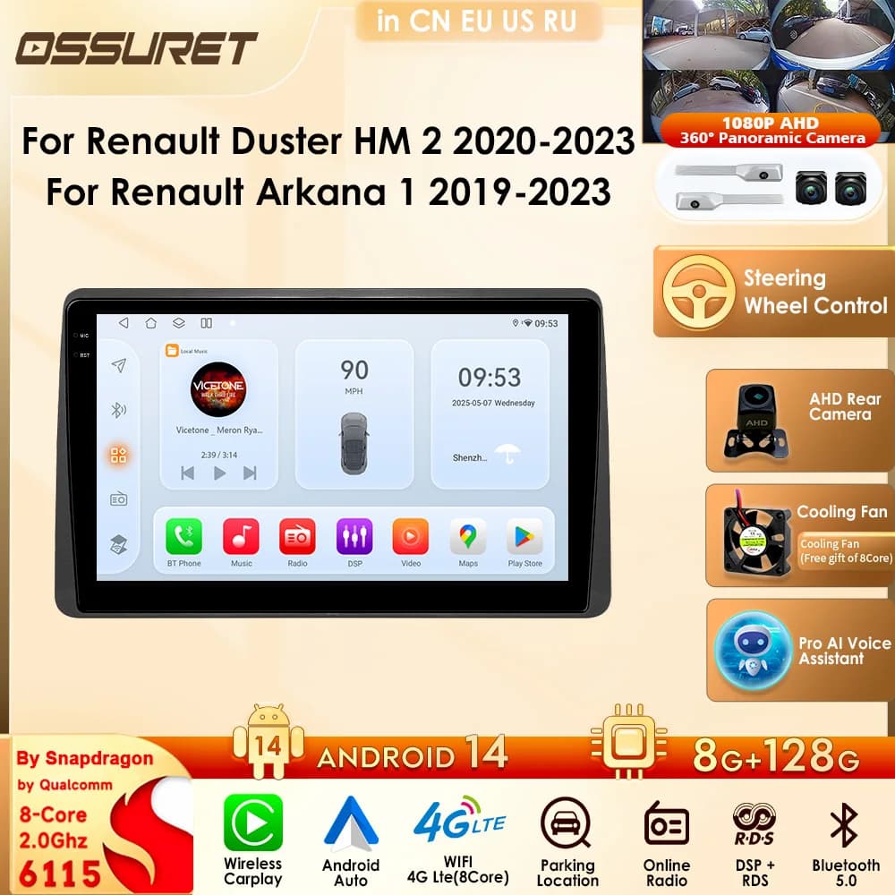 Ossuret Car Smart Systems Carplay Autoradio For Renault Duster HM 2 2020-2023/ Arkana 1 2019-2023 Android 14 Multimedia GPS TPMS
