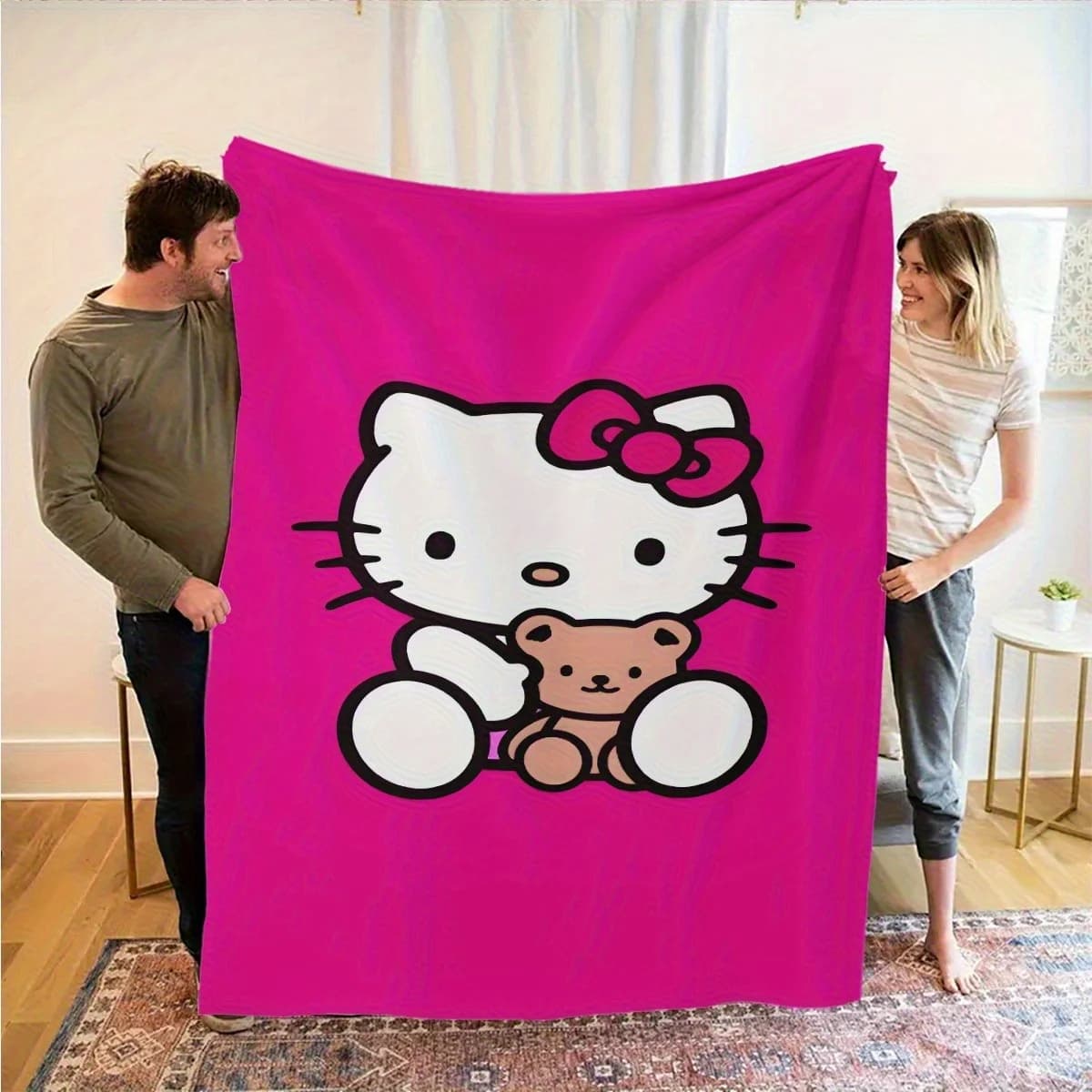 Coperta in Flanella Hello Kitty e Orsacchiotto, Stampa Singola, Morbida e Alla Moda, per Soggiorno, Camera da Letto, Dormitorio, Decorazione Sanrio