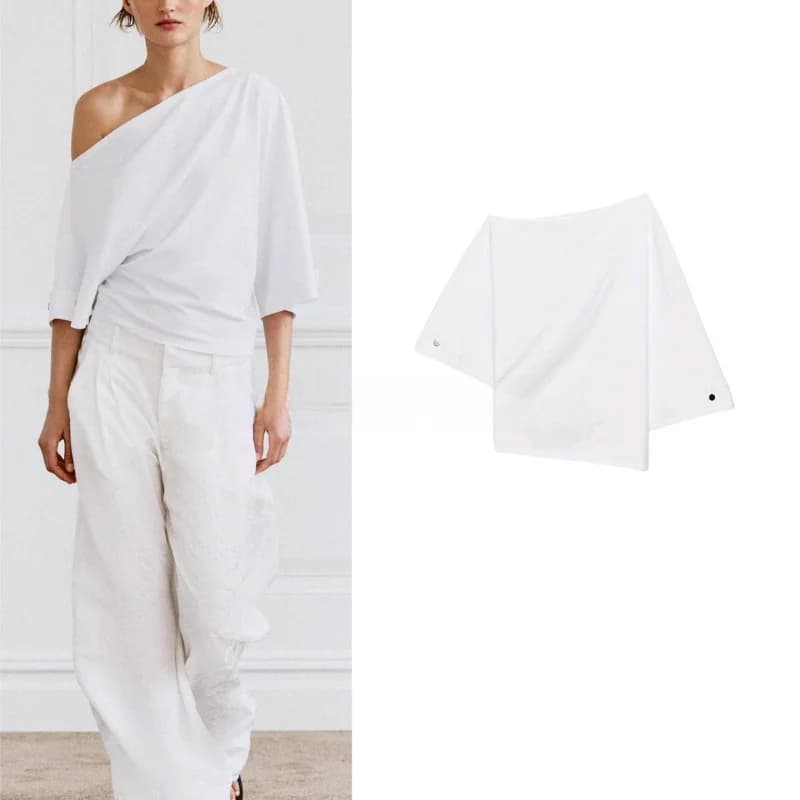 Summer New Women's Slim Fit Straight Leg T-Shirt Short Sleeve Asymmetrical Shoulder Button One Shoulder T-Shirt Casual Style