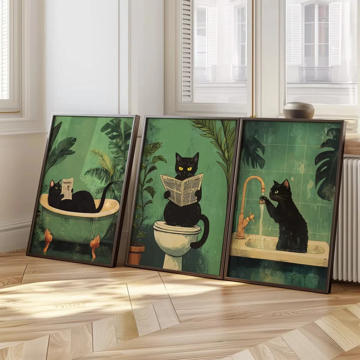Set of 3 funny bathroom black cats mural canvas prints, vintage animal toilet posters, interior wall art, home decor, unframed