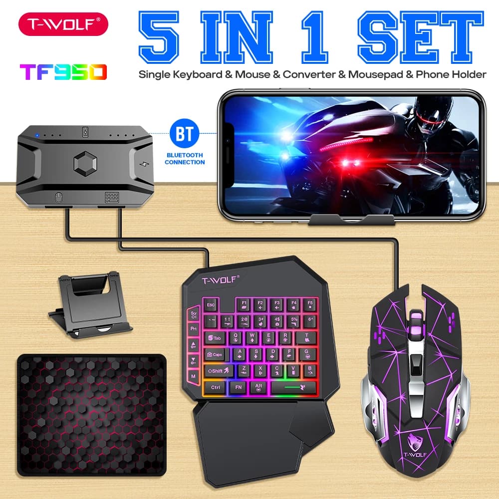 NEW OneHanded Featured Game With Palm Rest RGB Keyboard Converter Programmable Mouse Set 5 in 1 for Android iOS Gaming Gear