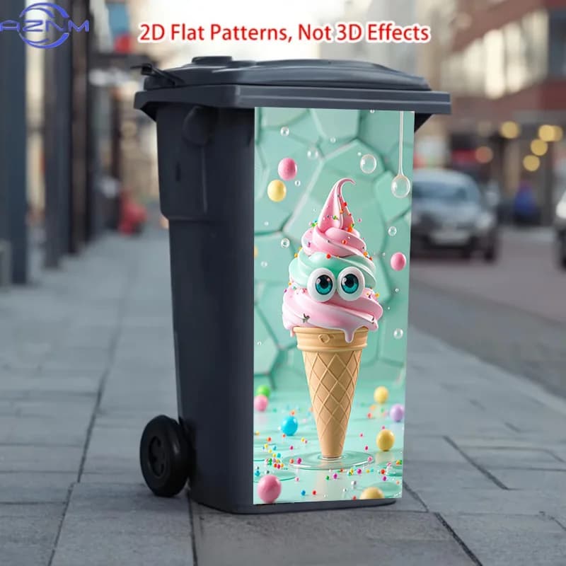 Trash Can Sticker, Featuring Cute Eyes Ice Cream Cone Pattern Theme Design, This Matte Surface Sticker Is Suitable for Decorat