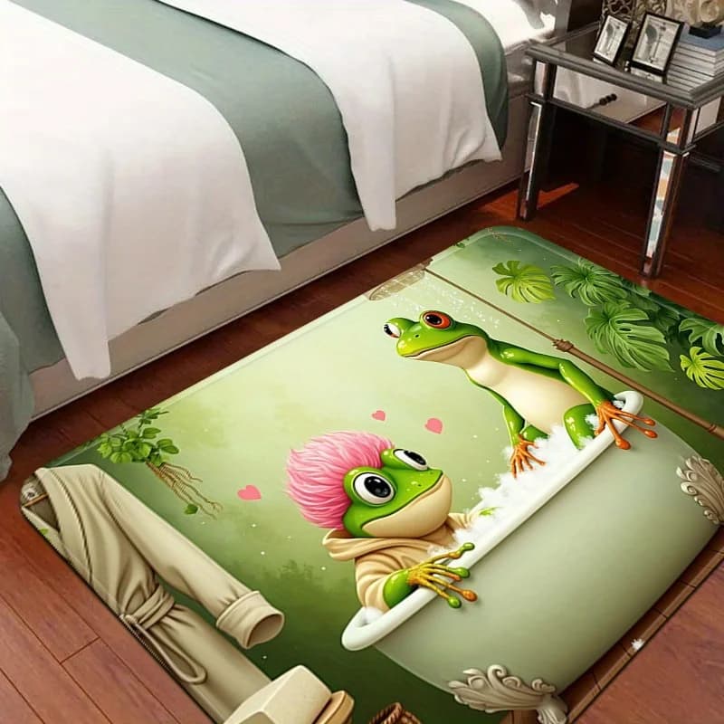 Cute Frog Family Bathroom Mat Tropical Pond Design Washable Bath Rug for Kids Nursery Decor