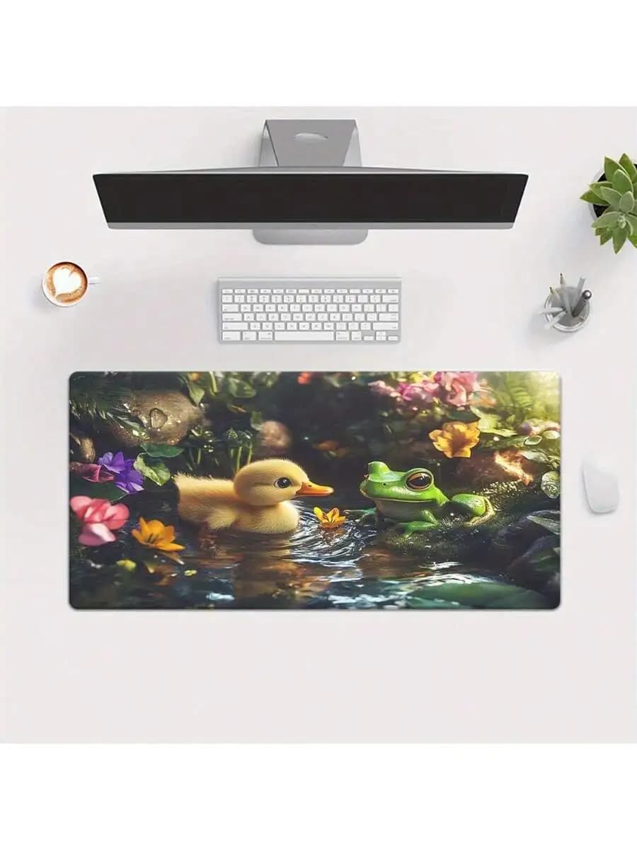 Whimsical Duck And Frog Garden Design Large Gaming Mouse Pad Non-Slip Rubber Base Desk Mat For PC Laptop Office