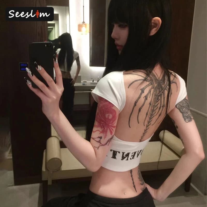 Seeslim Hotsweet Backless Graphic T-shirt Manica corta Stampa Lettera Estate Top Slim anni 2000 Vestiti Y2k Tees Abbigliamento femminile