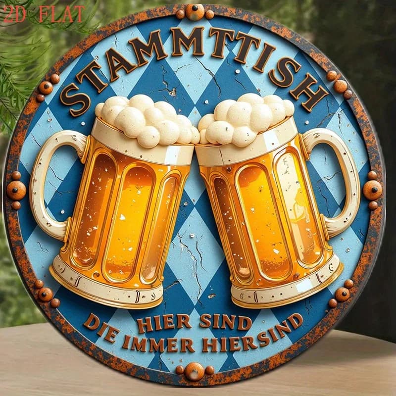 [2D Piatto] Illustrazione di Boccali da Birra da 8 Pollici con Design a Motivo Bavarese, con Insegna Rotonda in Alluminio. Perfetto Come