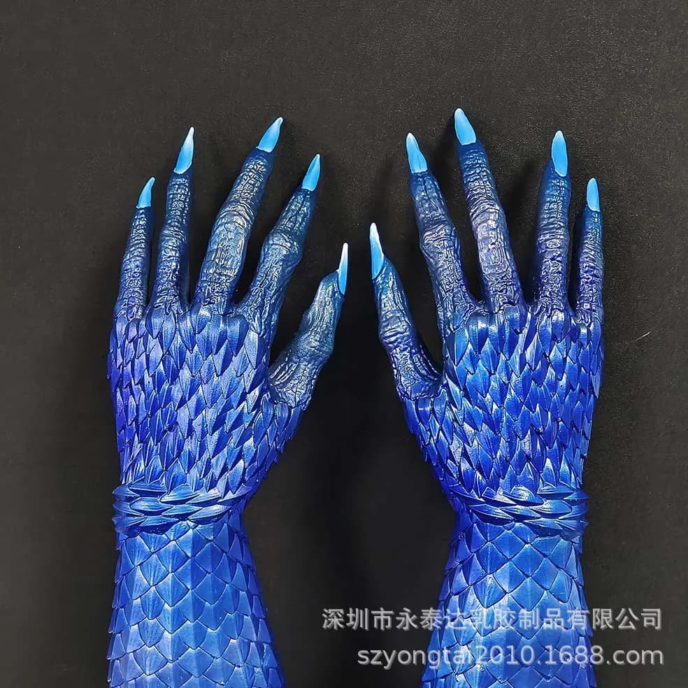 Divertenti guanti blu con artiglio del diavolo, prestazioni cosplay, oggetti di scena in lattice, oggetti di scena horror per la casa stregata di Halloween