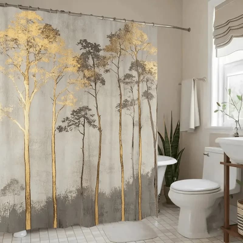 Golden Forest Shower Curtain Tall Trees Art Print Waterproof Polyester Bathroom Decor Bath Curtain Set