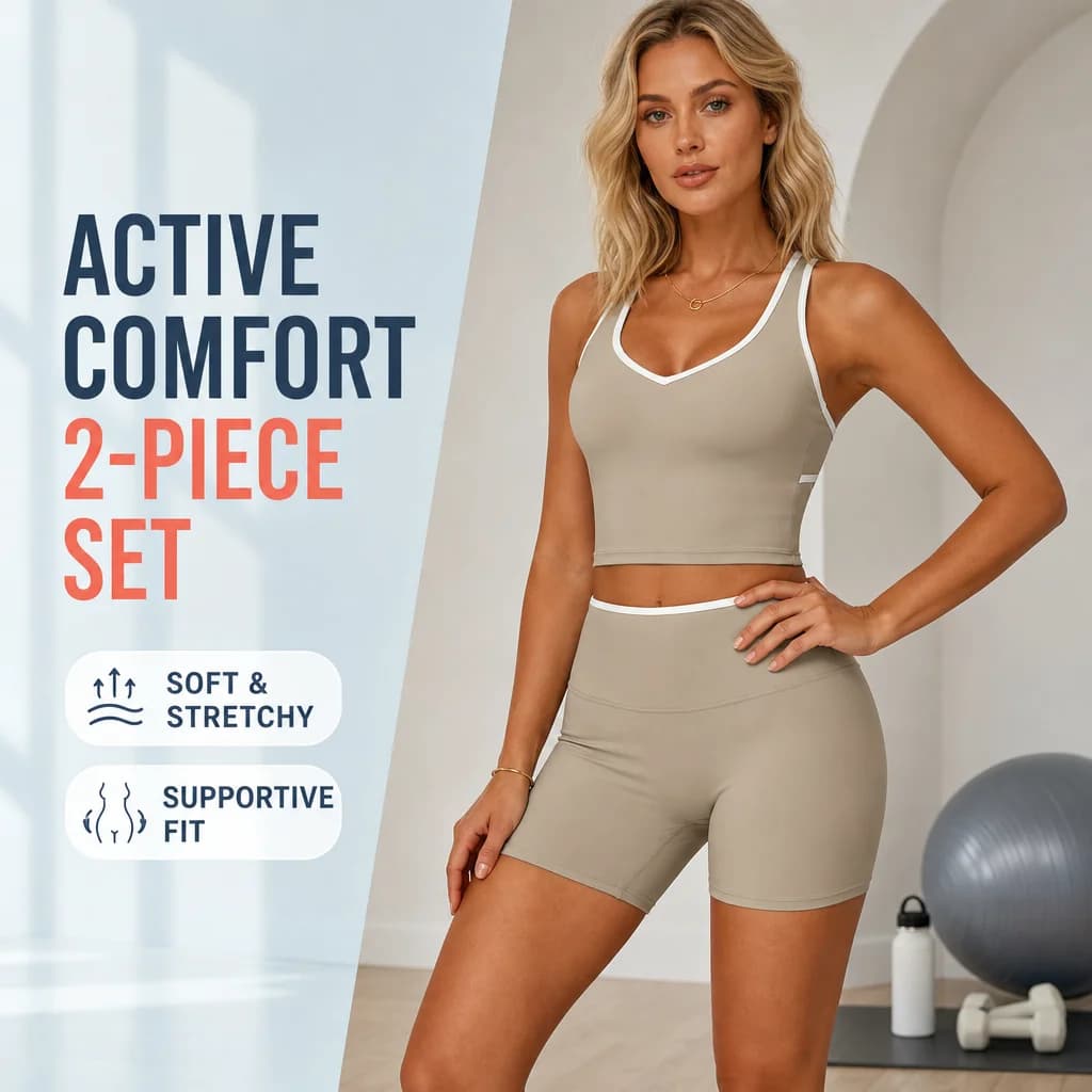 Women's Athletic Set: Crisscross Back Sports Bra and High Waisted Cycling Shorts, Contrast Piping Activewear