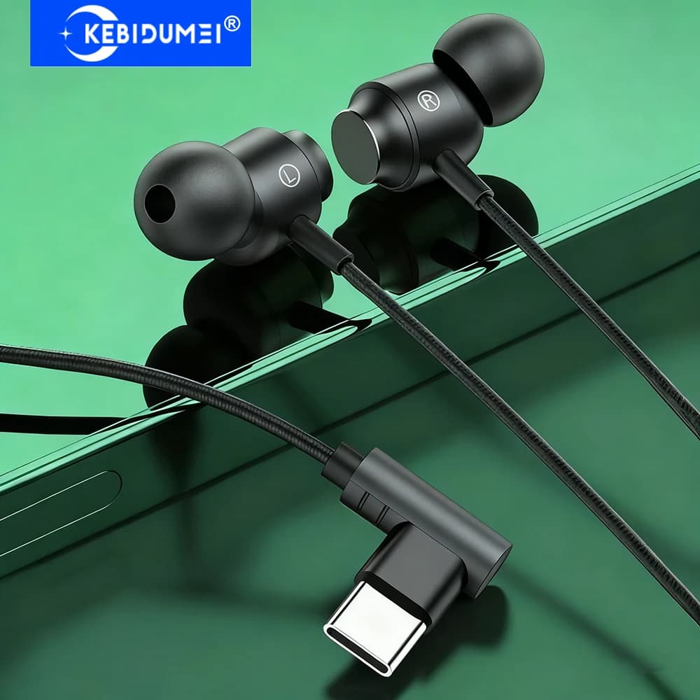3.5mm Wired Earphones L Bending TYPE-C Wired Headphones In-ear Earbuds with Microphone HiFi Stereo Gaming Headsets for iPhone