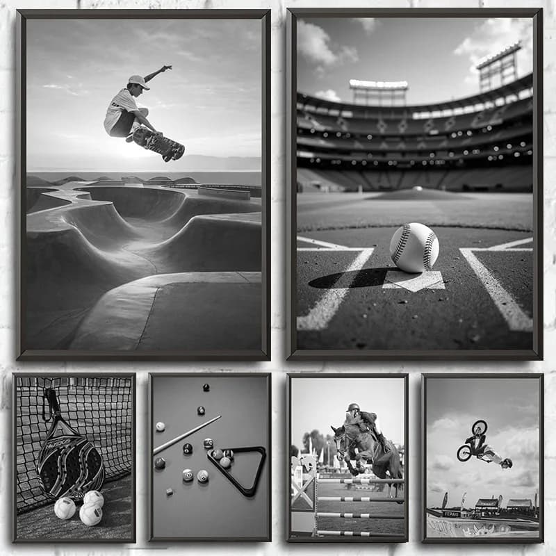 Black and White Sports Poster Bicycle Snowboard Billiard Padel Player Canvas Painting Wall Art Picture Living Room Home Decor