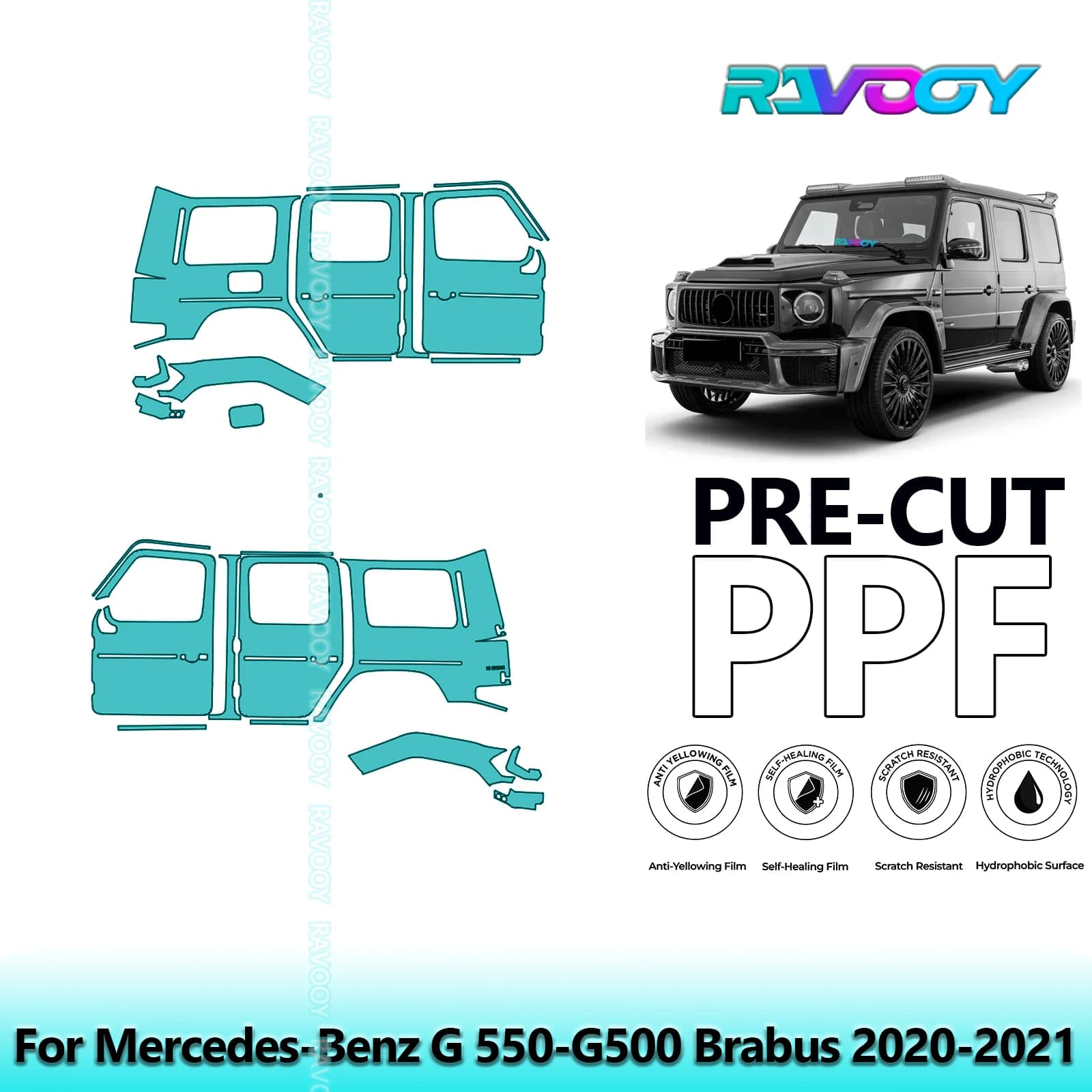 For Mercedes-Benz G 550-G500 Brabus 2020-2021 8.5mil Transparent Pre-Cut PPF Door and Pillar A/B Kit TPU Paint Protection Film Set