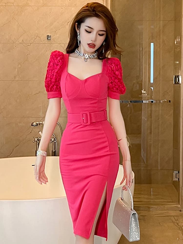 Abito da banchetto dolce elegante da donna francese sexy rosa rossa manica a palloncino cintura con spacco abito longuette femme abito da festa data abiti