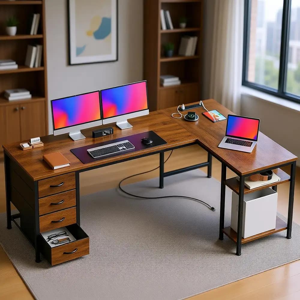 Scrivania a L in Tessuto da 63 Pollici con Prese di Corrente, Porta USB-C, Ripiani Portaoggetti - Ideale per Gaming, Studio o Ufficio Domestico in Marrone Rustico