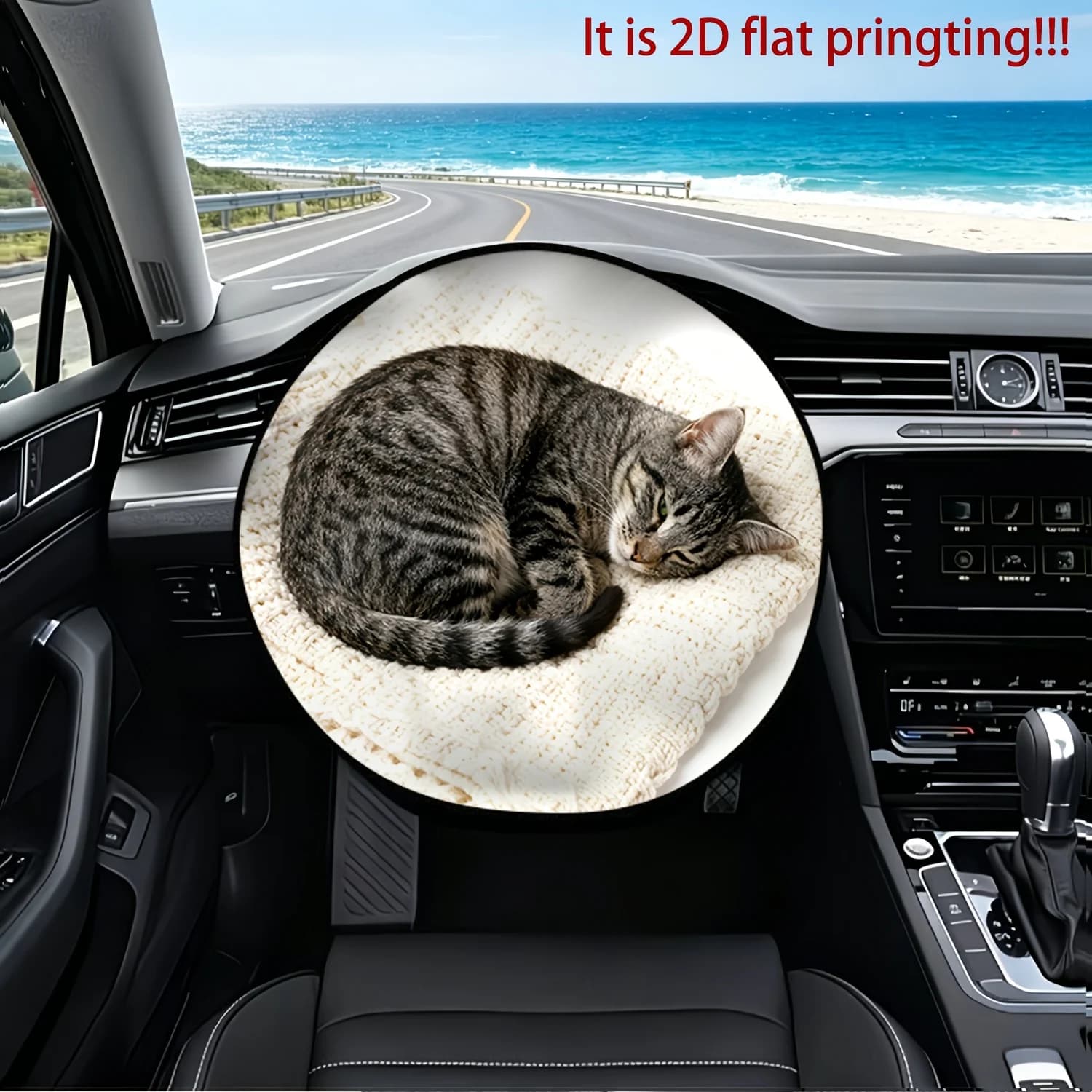 1pc Car Steering Wheel Cover, Gray Striped Cat Curled On Off-White Knit Blanket Printed Design, Steering Wheel Sunshade, Heat In