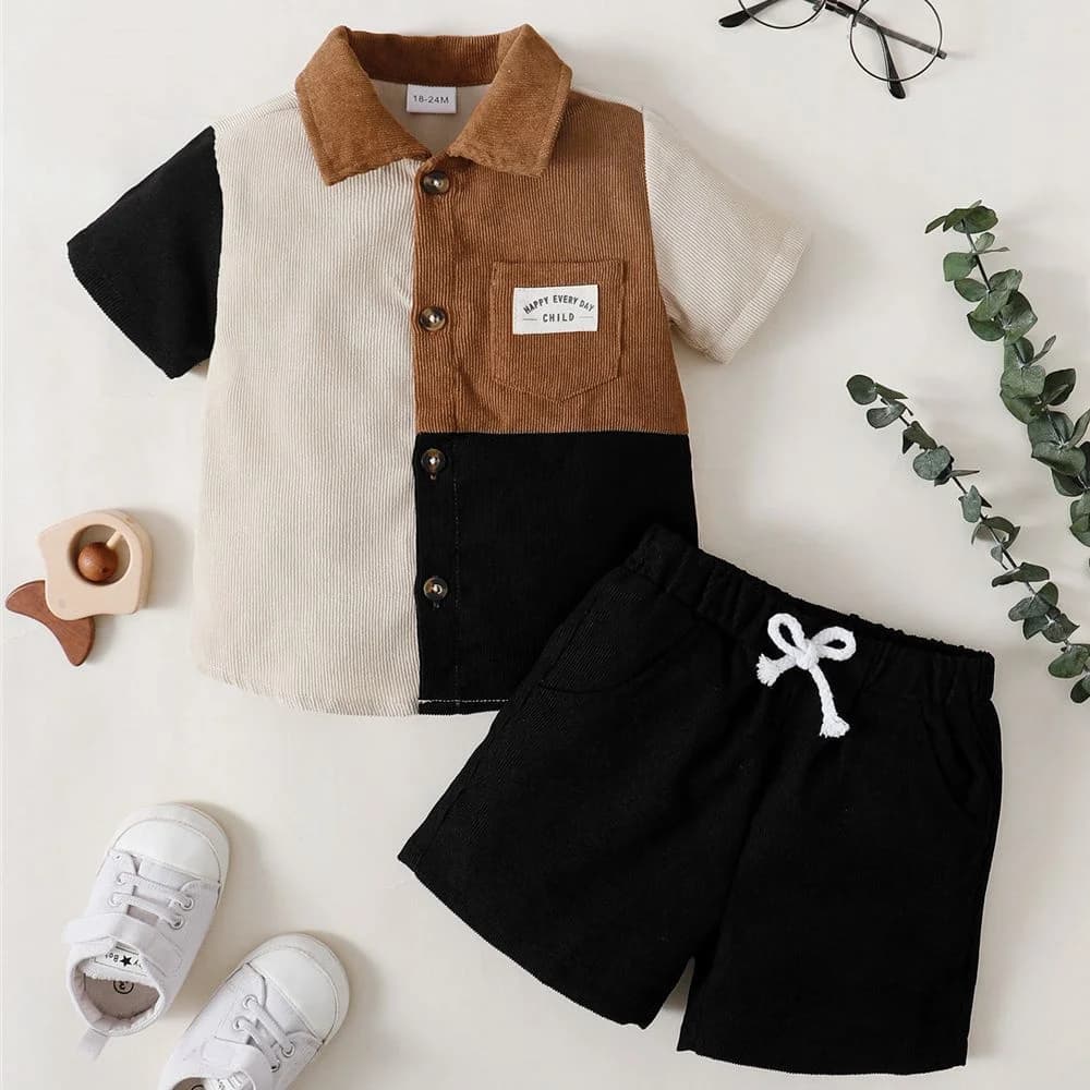 1-6 anni bambini ragazzo 2 pezzi vestito camicia Color Blocking + pantaloncini tinta unita bello tutto abbinato indossare vestiti estivi quotidiani per ragazzo