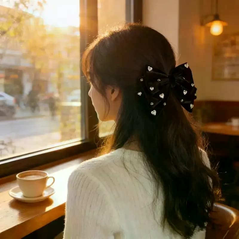 Elegante fermaglio per capelli con fiocco francese e strass per donna, forcina nera decorata con grande fiocco appariscente, accessori per capelli scintillanti