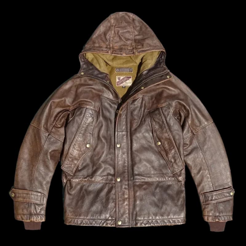 Giacca invernale in pelle con cappuccio marrone scuro da uomo stile vintage taglie forti 4XL Cappotto con colletto rovesciato in vera pelle di vacchetta spessa naturale
