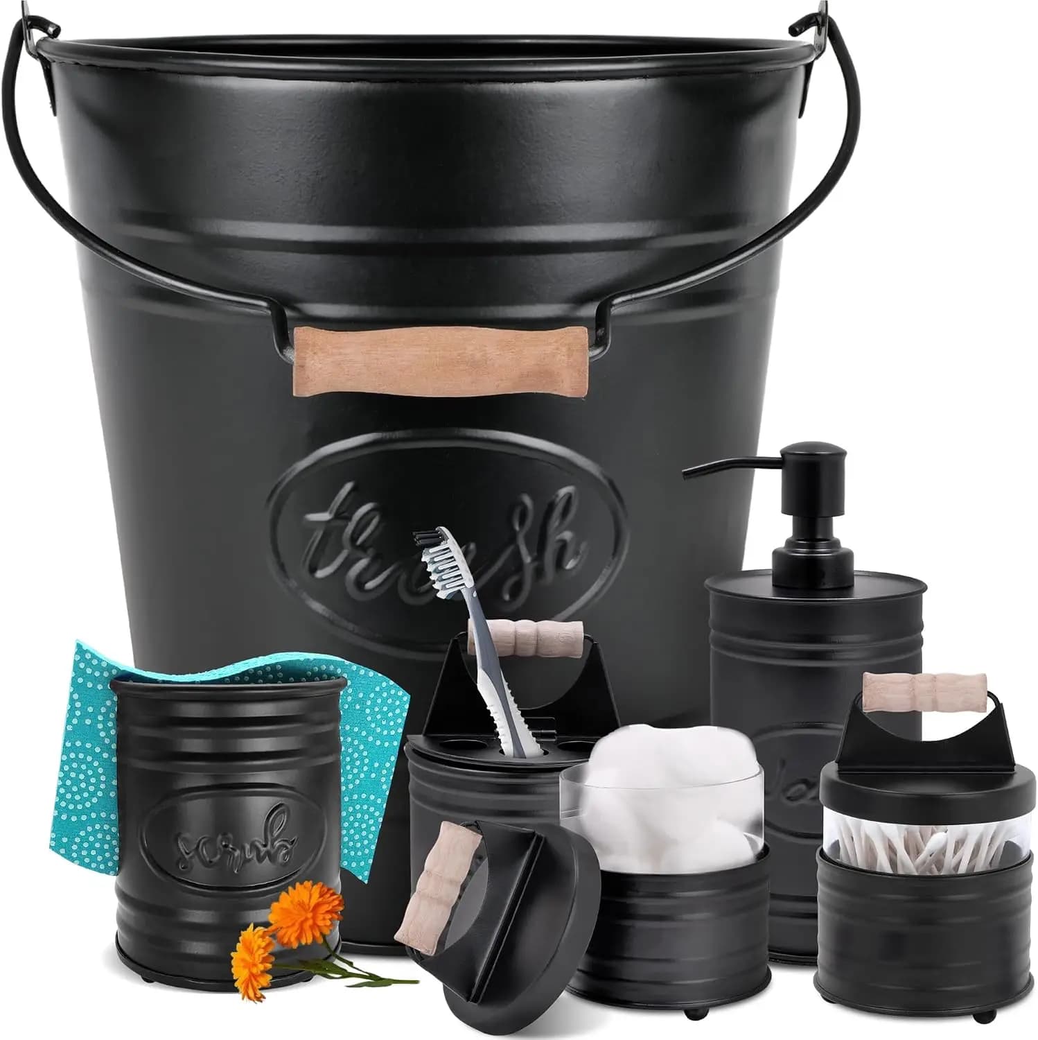 6-Piece Rustic Black Farmhouse Bathroom & Kitchen Accessories Set with Trash Can, Soap Dispenser, Toothbrush Holder, Sponge Holder & 2 Apothecary Jars