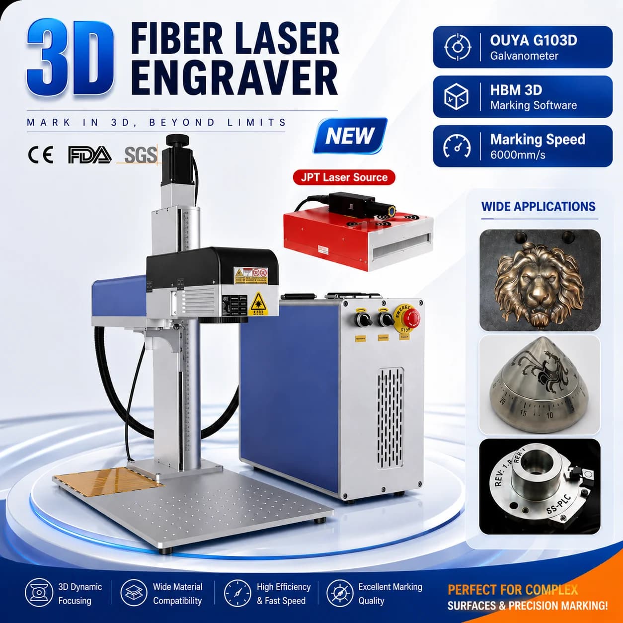 3D JPT MOPA Fiber Laser Marking Cutting Machine Dynamic Focus Laser Engraver for Deep Engraving Relief Engraving Curved Surface Marking Metal Gold Silver Jewelry Ring