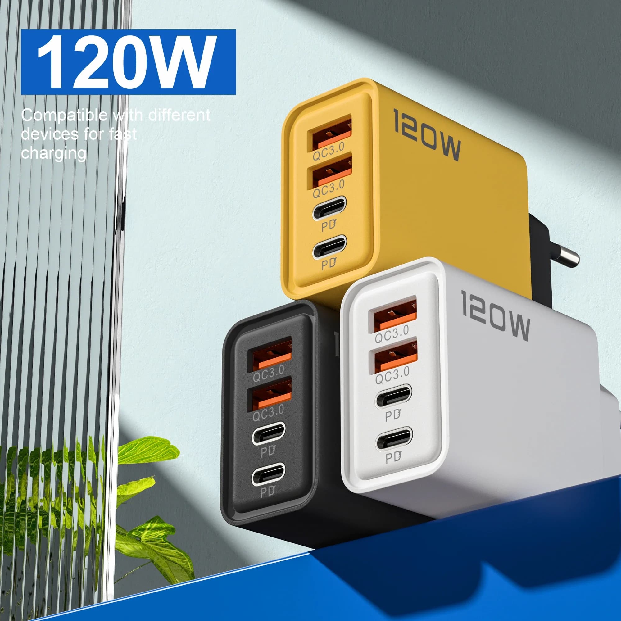 120W 4-Ports USB Type-C Charger Fast Charging USB Phone Charger Adapter For Xiaomi IPhone17 Huawei Wall Charger With Data Cable