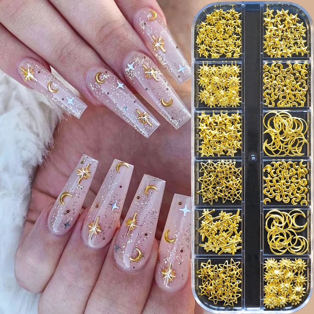 12 griglie Borchie dorate Ciondoli per unghie Stella 3D Conchiglia di luna Ciondoli per unghie Borchie metalliche Strass Decorazioni per gioielli per unghie Kit per manicure