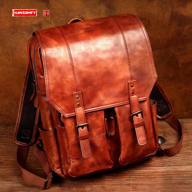 LuxuryRetro Geuine Leather Men's Backpack Travel Bag Head Layer Cowhide school Backpacks Youth Computer Bags Vintage