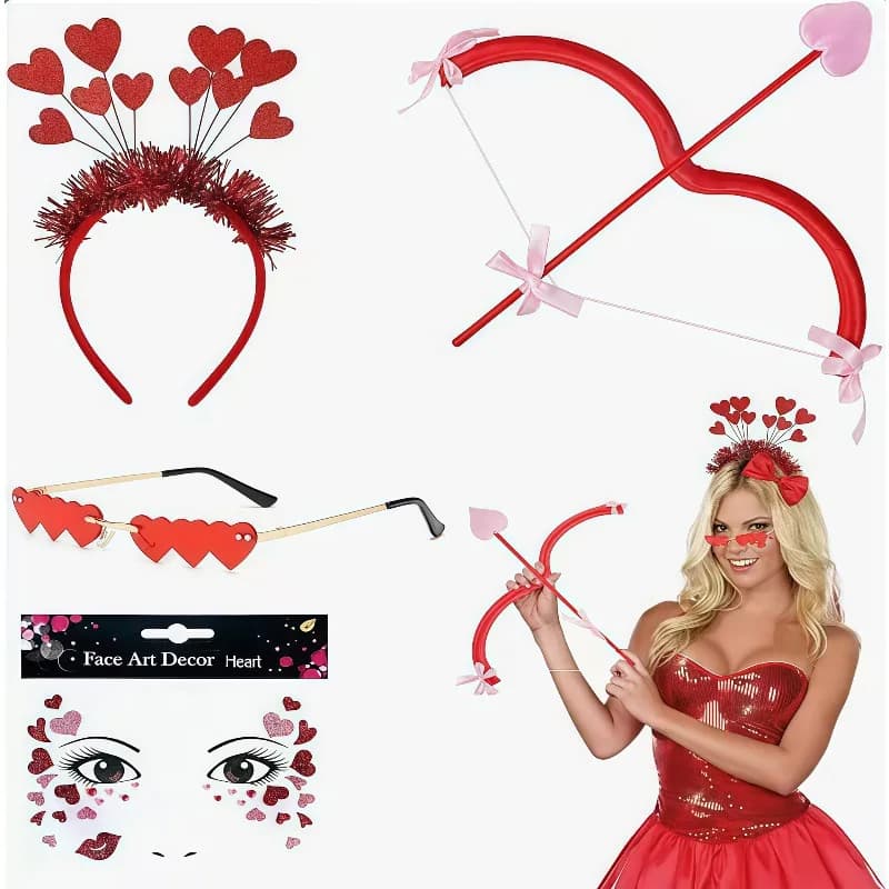 Costume da Cupido Angelo dell'Amore con Arco e Frecce, Gonna Rossa, Ali, Occhiali, Copricapo, Set Completo di Accessori per Cosplay Unisex